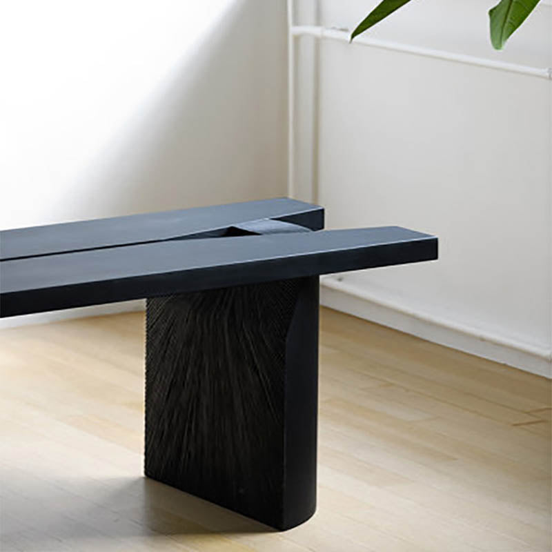 Contemporary Pine Wood Bench Black Seating Bench with Double Pedestal