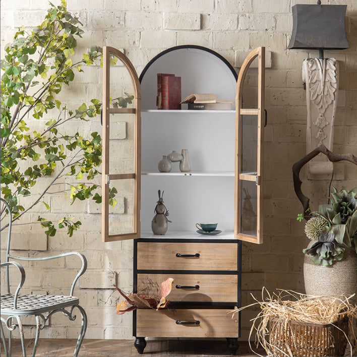 Industrial Style Solid Wood Chest Glass Paned Distressed Accent Cabinet