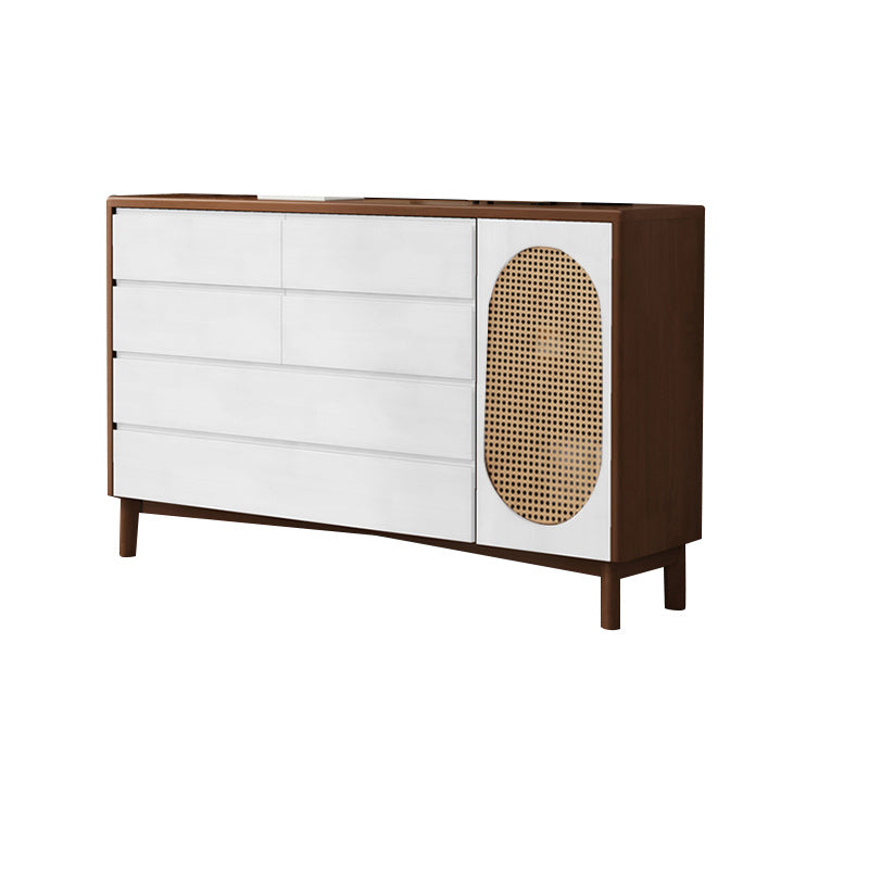 1-Door and 6-Drawer Chest Rubberwood 47.2" Wide Cabinet with Rattan Accent