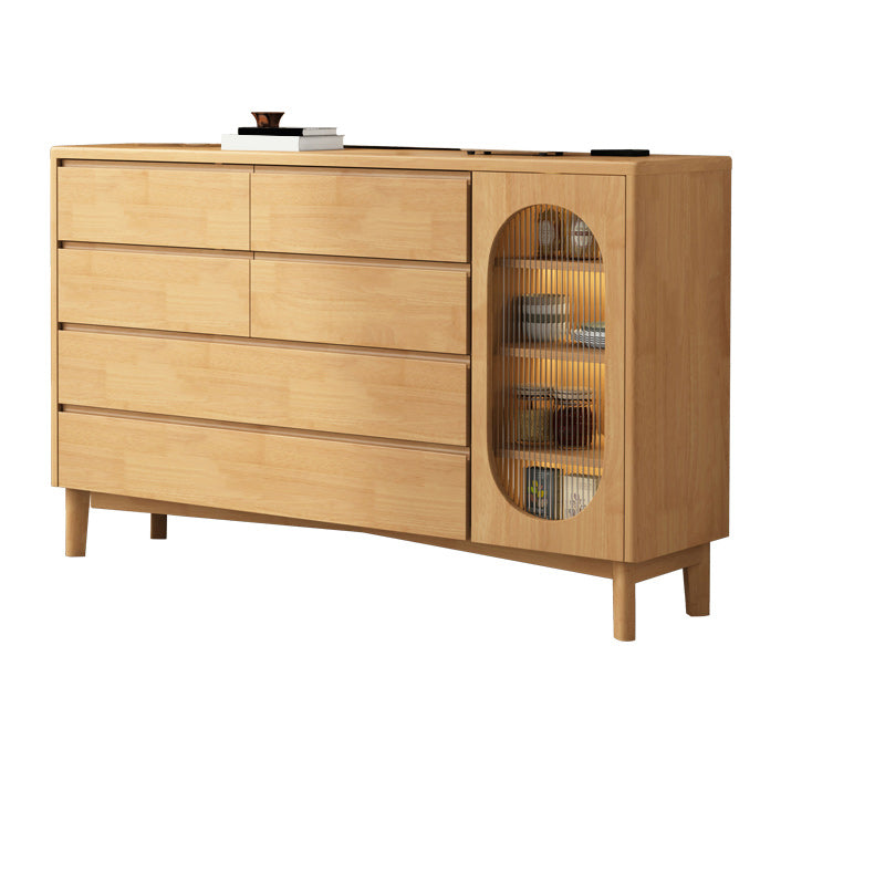 1-Door and 6-Drawer Chest Rubberwood 47.2" Wide Cabinet with Rattan Accent