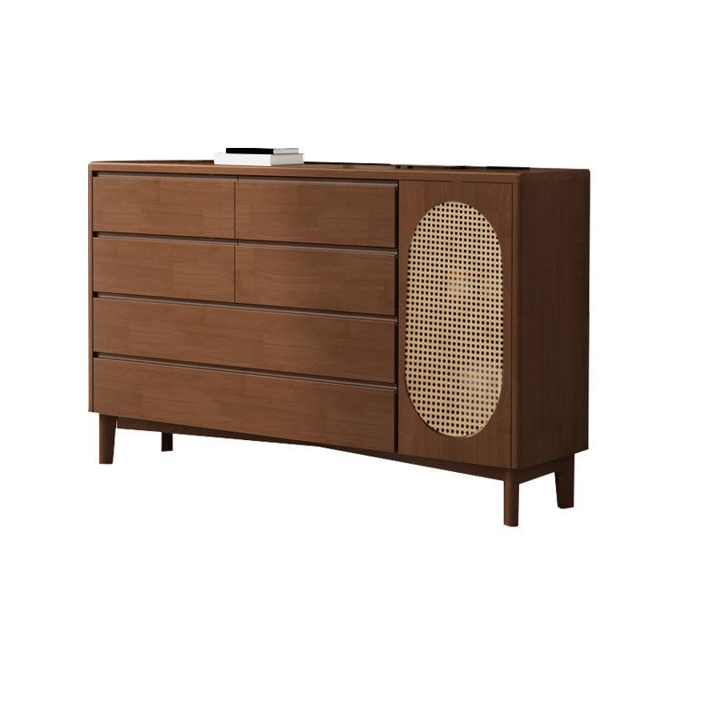 1-Door and 6-Drawer Chest Rubberwood 47.2" Wide Cabinet with Rattan Accent