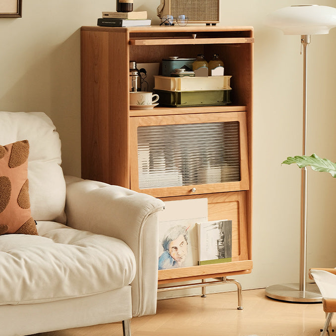 Natural Solid Wood Accent Chest 49.2" Tall Glass Paned Storage Cabinet