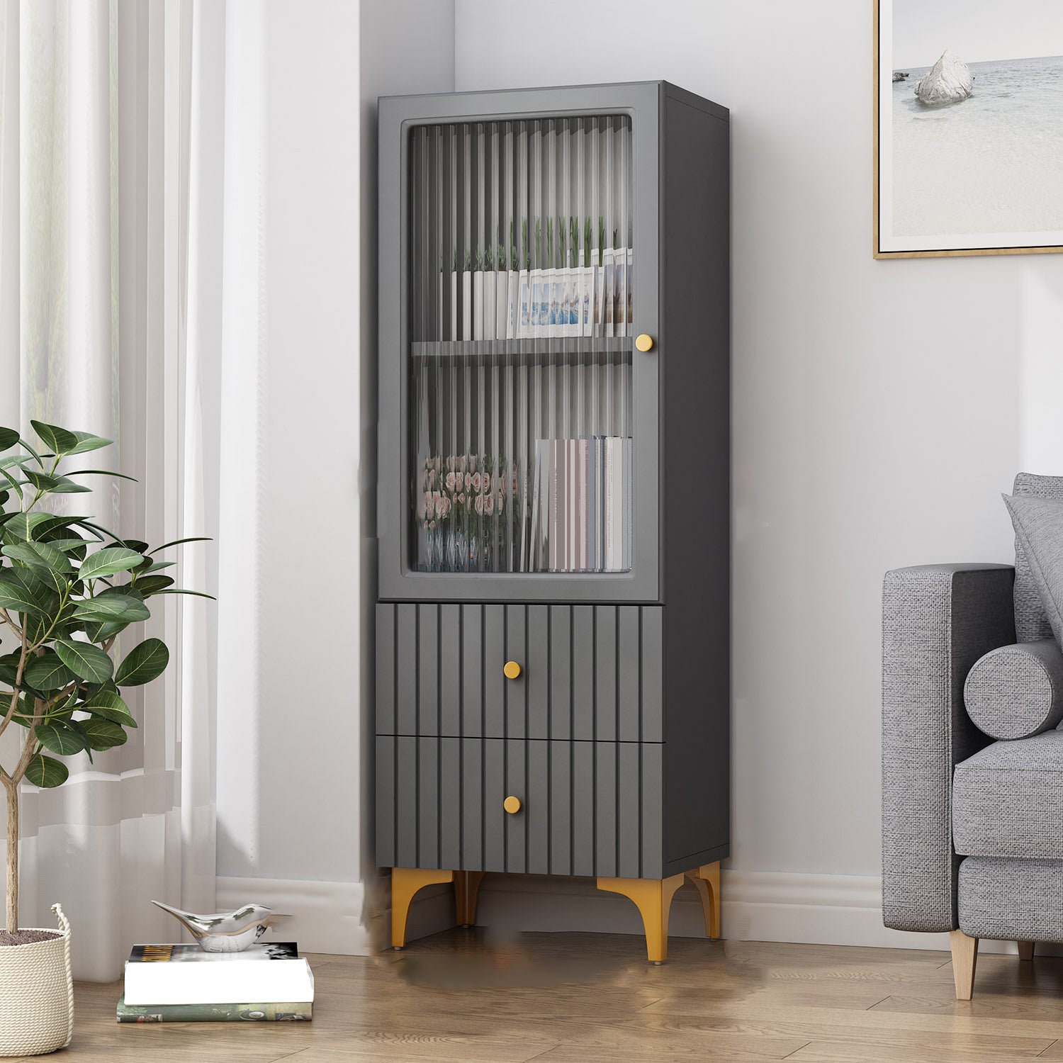 Contemporary Glass Paned Accent Cabinet 2 - Drawer Side Cabinet