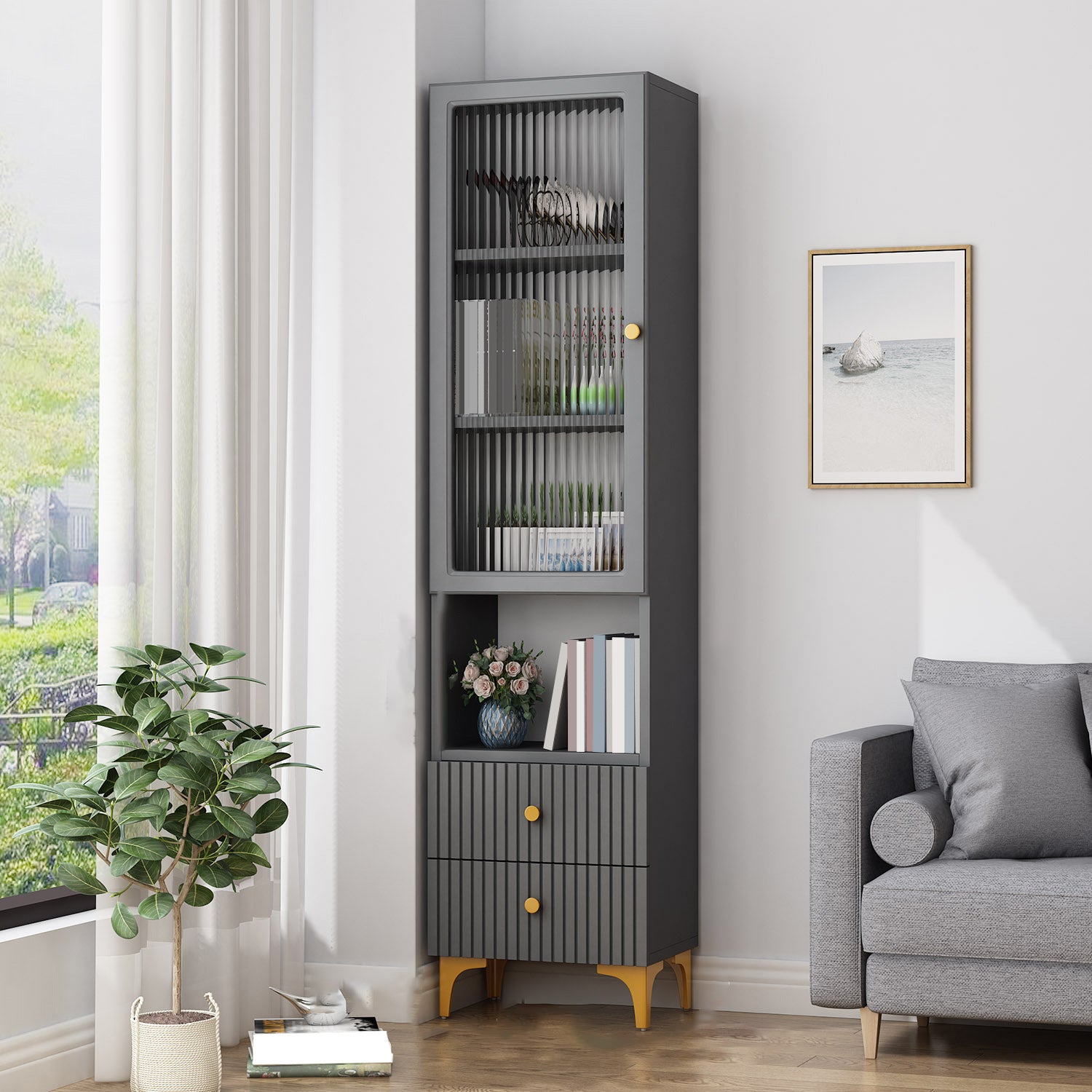 Contemporary Glass Paned Accent Cabinet 2 - Drawer Side Cabinet