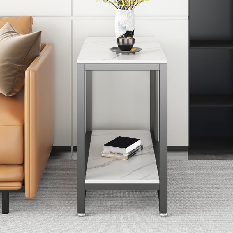 Metal Frame End Table 2-Tier Stone Top Accent Side Table with Shelf