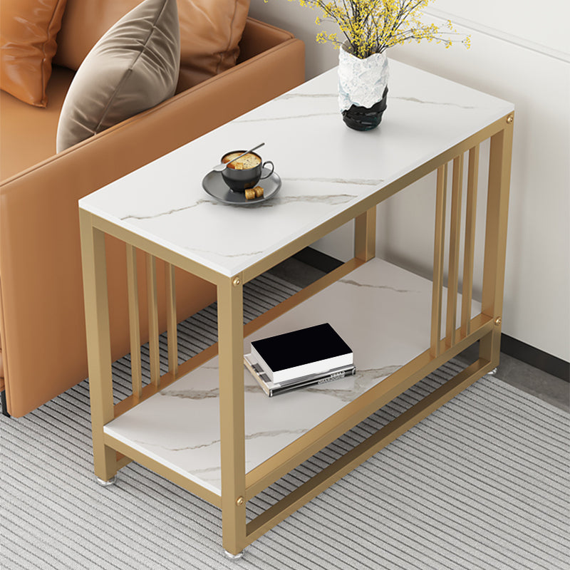 Metal Frame End Table 2-Tier Stone Top Accent Side Table with Shelf