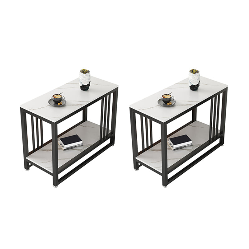 Metal Frame End Table 2-Tier Stone Top Accent Side Table with Shelf