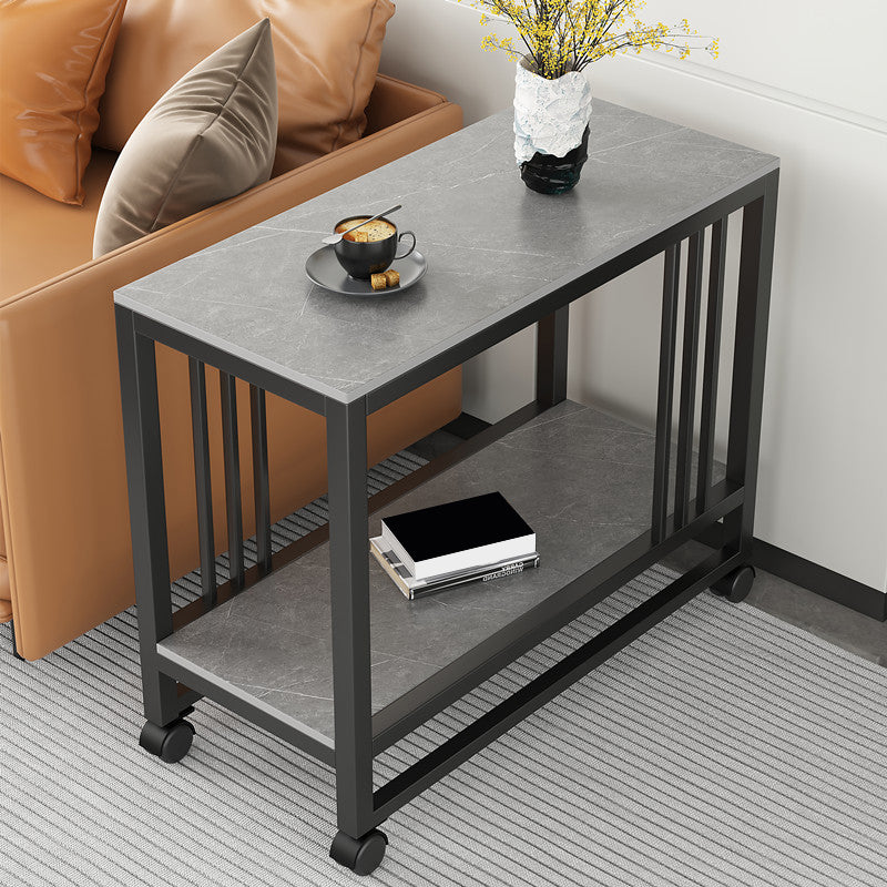 Metal Frame End Table 2-Tier Stone Top Accent Side Table with Shelf