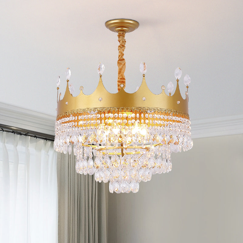 Crown Bedroom Chandelier Metallic 2/4/6 Heads Kids Pendant Light Fixture in Gold with Crystal Drop Deco