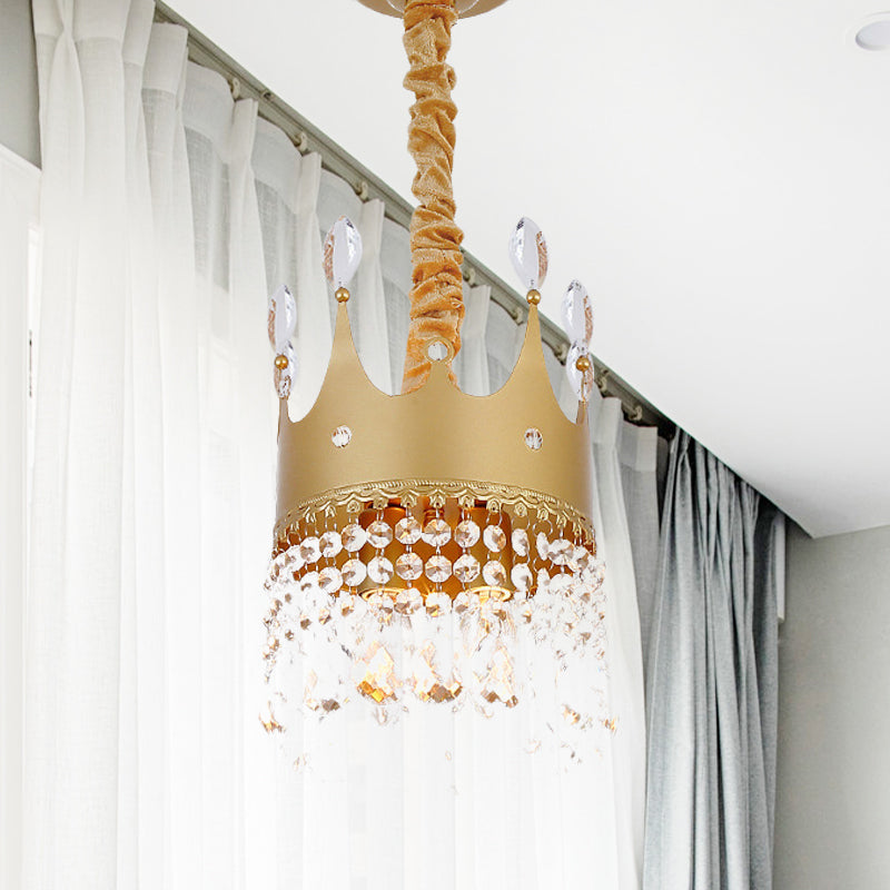 Crown Bedroom Chandelier Metallic 2/4/6 Heads Kids Pendant Light Fixture in Gold with Crystal Drop Deco