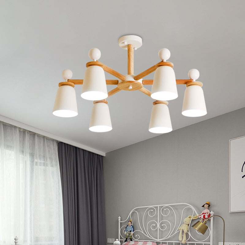 White Finish Bell Semi Flush Lighting Modernist 3/6 Lights Iron Ceiling Mounted Lamp with Wood Arm