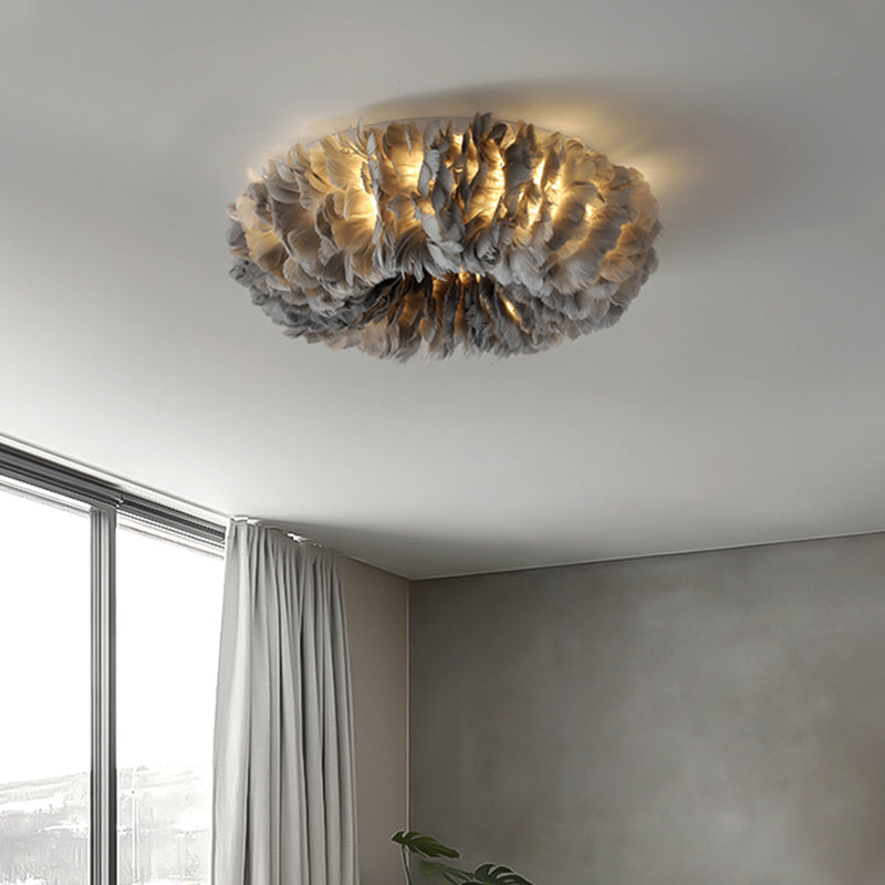 Feather Flushmount Lighting Modern Fabric 3/6 Heads Bedroom Flush Mount Ceiling Lamp Fixture in White/Grey/Pink