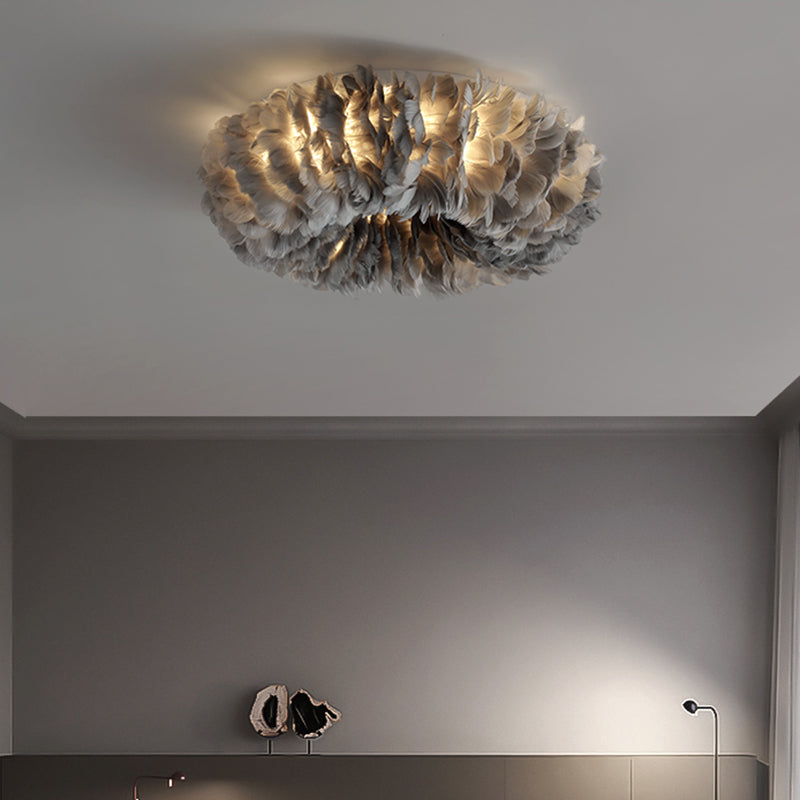 Feather Flushmount Lighting Modern Fabric 3/6 Heads Bedroom Flush Mount Ceiling Lamp Fixture in White/Grey/Pink