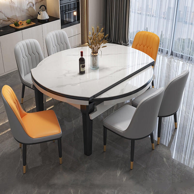 Drop-Leaf Dining Table Round White Dinner Table with Wooden Base