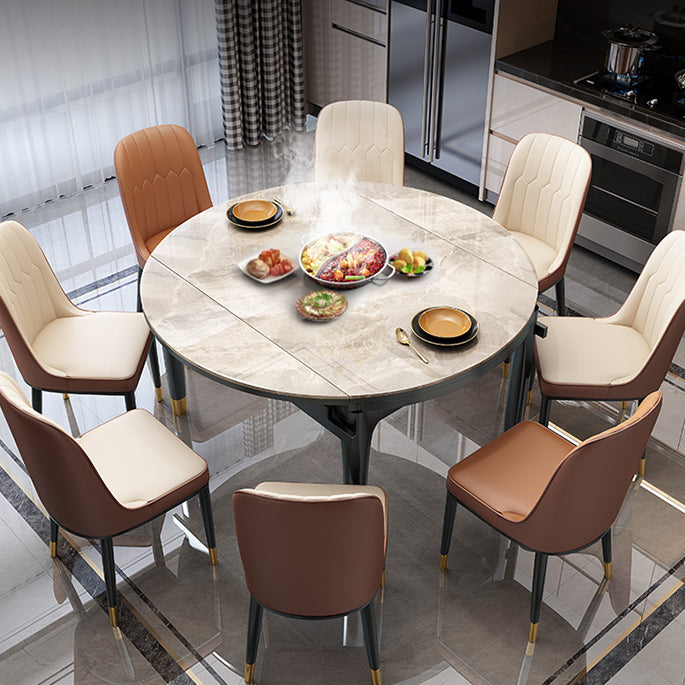 Drop-Leaf Dining Table Sintered Stone Dinner Table with Wooden Base