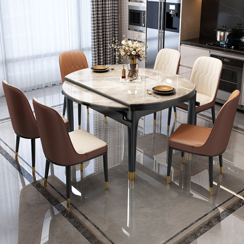 Drop-Leaf Dining Table Sintered Stone Dinner Table with Wooden Base