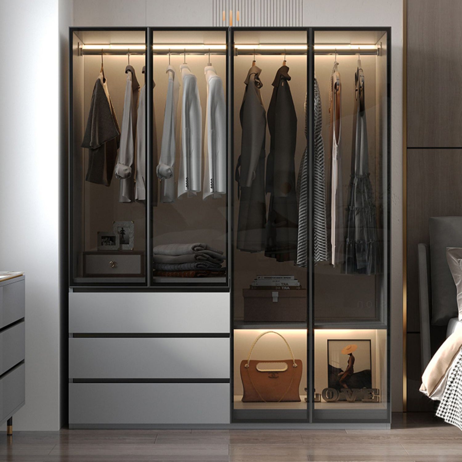 Modern Wood Frame Wardrobe Armoire Freestanding Wardrobe with 3 Self Close Drawers