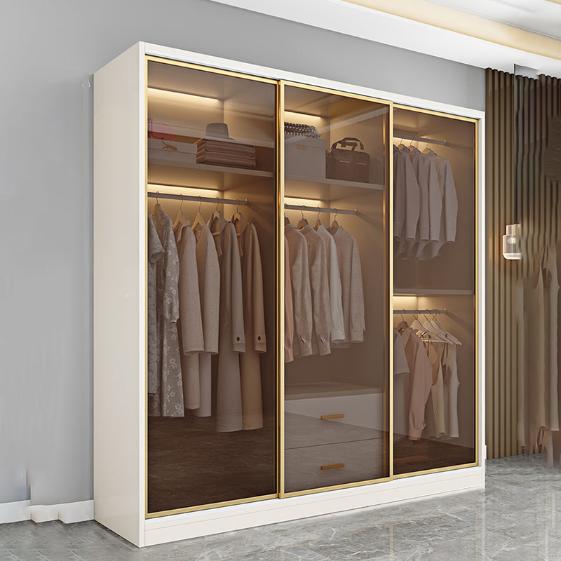 Modern White Wood Frame Wardrobe Freestanding Wardrobe with Sliding Glass Doors
