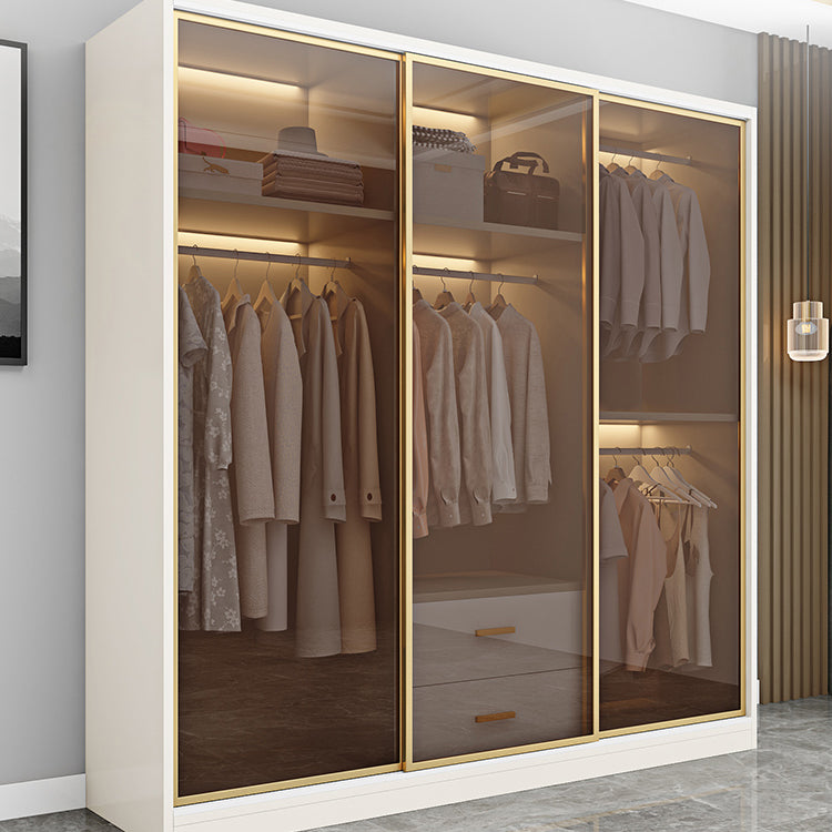 Modern White Wood Frame Wardrobe Freestanding Wardrobe with Sliding Glass Doors