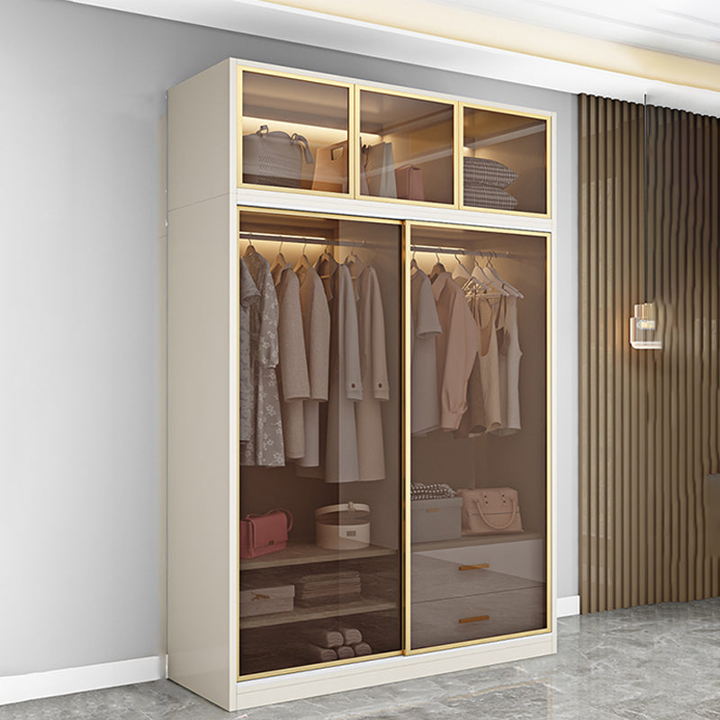 Modern White Wood Frame Wardrobe Freestanding Wardrobe with Sliding Glass Doors