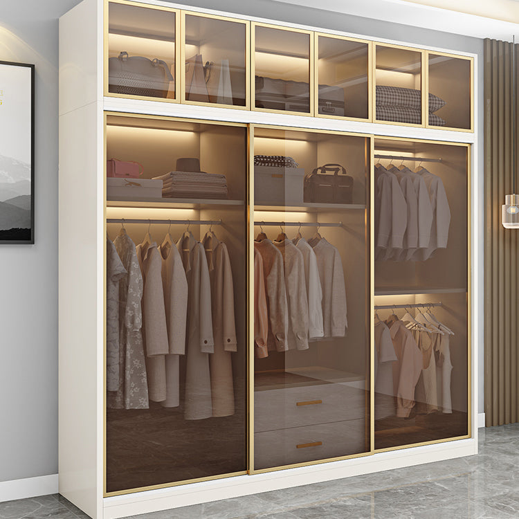 Modern White Wood Frame Wardrobe Freestanding Wardrobe with Sliding Glass Doors