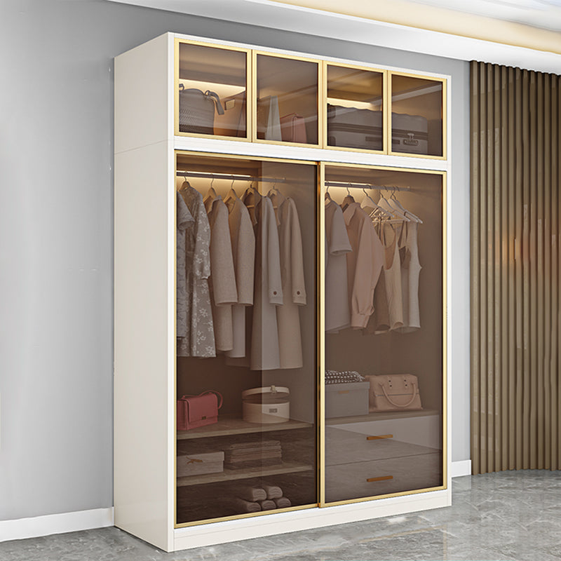 Modern White Wood Frame Wardrobe Freestanding Wardrobe with Sliding Glass Doors