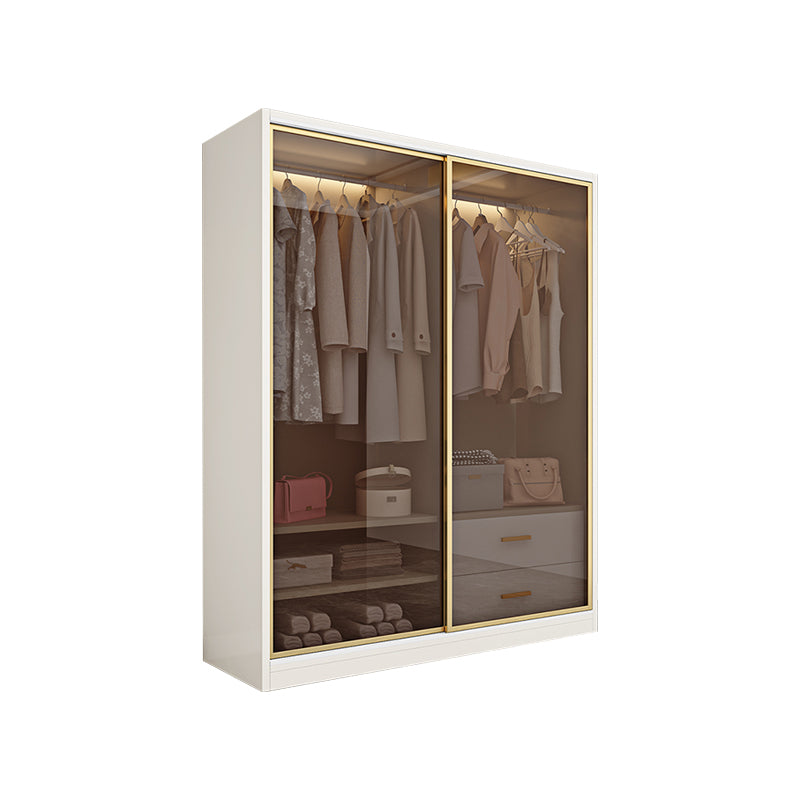 Modern White Wood Frame Wardrobe Freestanding Wardrobe with Sliding Glass Doors