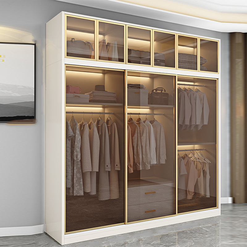 Modern White Wood Frame Wardrobe Freestanding Wardrobe with Sliding Glass Doors