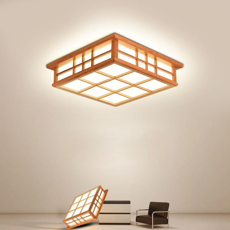Square Ceiling Light Wooden LED Ceiling Mount Light with Acrylic Shade for Living Room