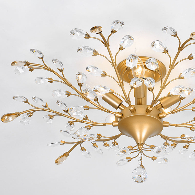 Unique Shape Crystal Flush Light Modern Style Multi Lights Flush Mount Fixture in Brass
