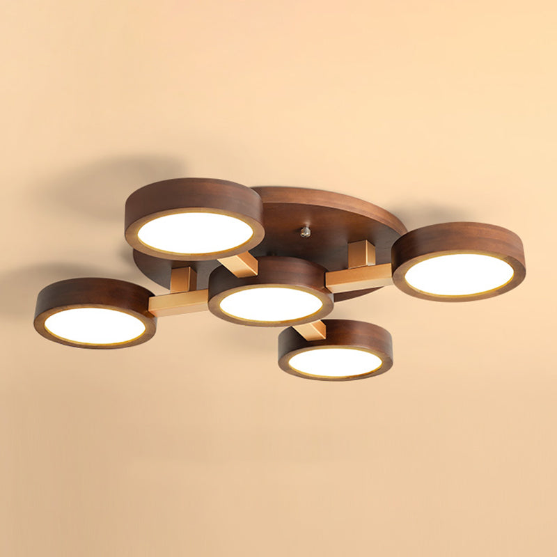 Brown Wood Modern Flush Mount Circle Shape Ceiling Light with Acrylic Shade for Passage