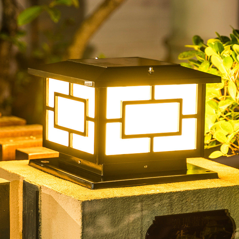 Metal Contemporary Pillar Lamp Square Shape Outdoor Waterproof Light with Acrylic Shade