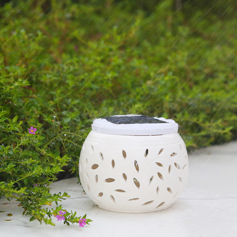 Contemporary Metal Pillar Lamp Drum Shape Outdoor Waterproof Light with Ceramic Shade
