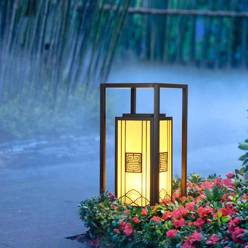 Contemporary Metal Pillar Lamp Rectangle Shape Outdoor Waterproof Light with Stone Shade