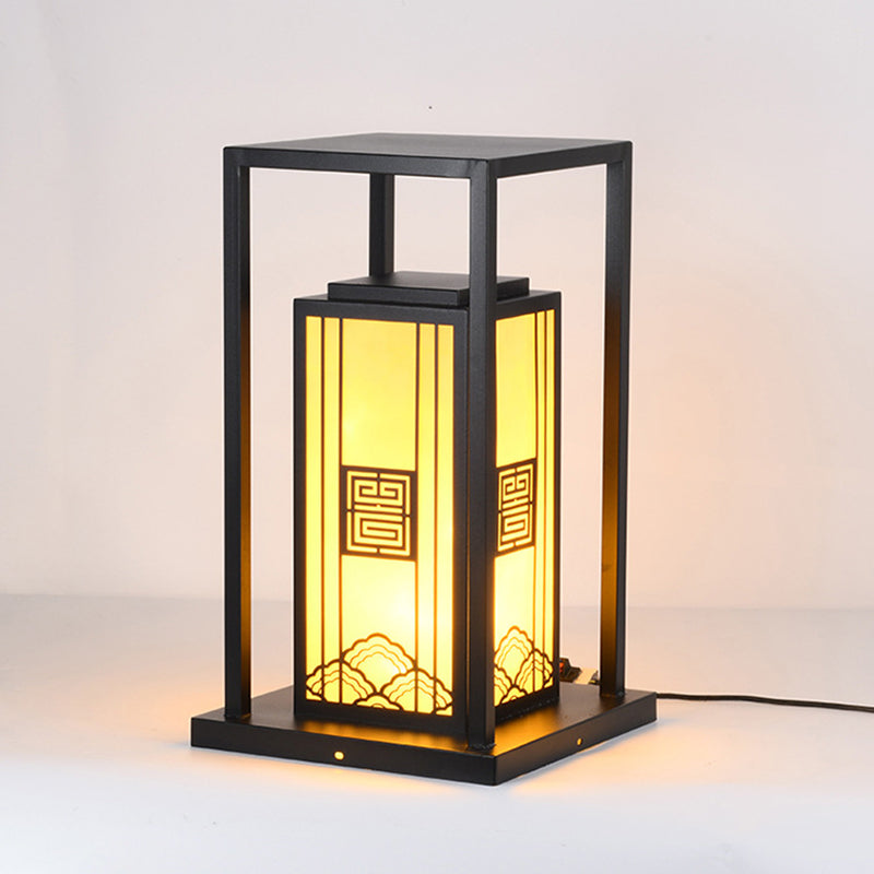 Contemporary Metal Pillar Lamp Rectangle Shape Outdoor Waterproof Light with Stone Shade