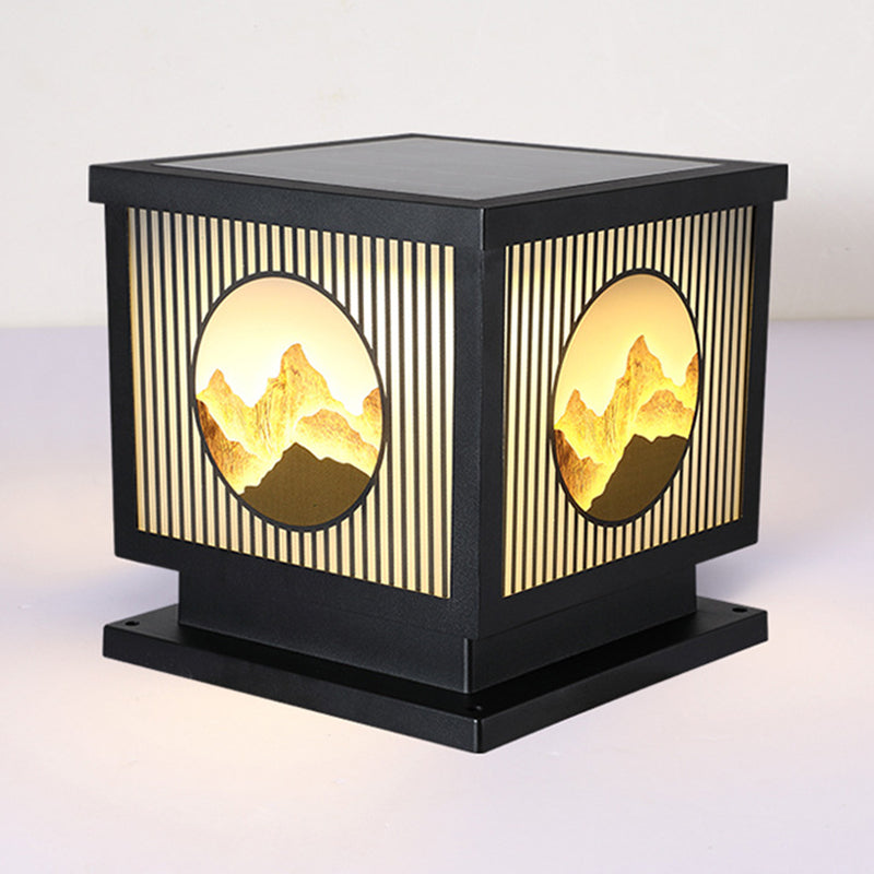 Modern Metal Solar Pillar Lamp Square Shape Outdoor Waterproof Light in Black