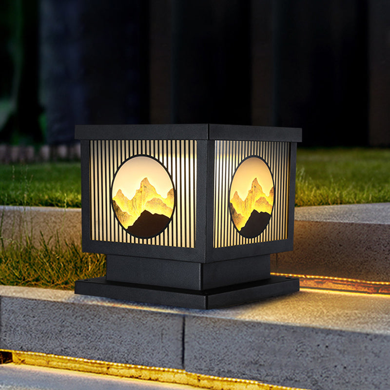 Modern Metal Solar Pillar Lamp Square Shape Outdoor Waterproof Light in Black