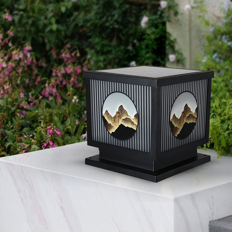 Modern Metal Solar Pillar Lamp Square Shape Outdoor Waterproof Light in Black