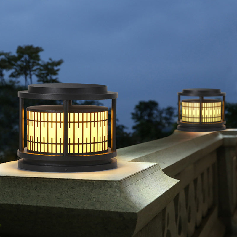 Modern Metal Solar Pillar Lamp Round Shape Outdoor Waterproof Light in Black