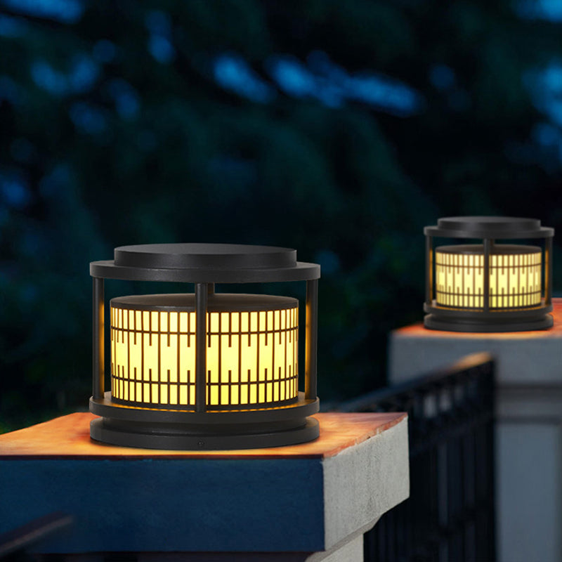 Modern Metal Solar Pillar Lamp Round Shape Outdoor Waterproof Light in Black