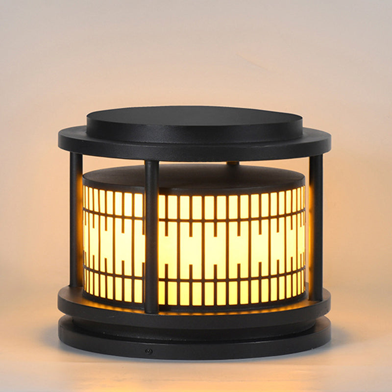 Modern Metal Solar Pillar Lamp Round Shape Outdoor Waterproof Light in Black