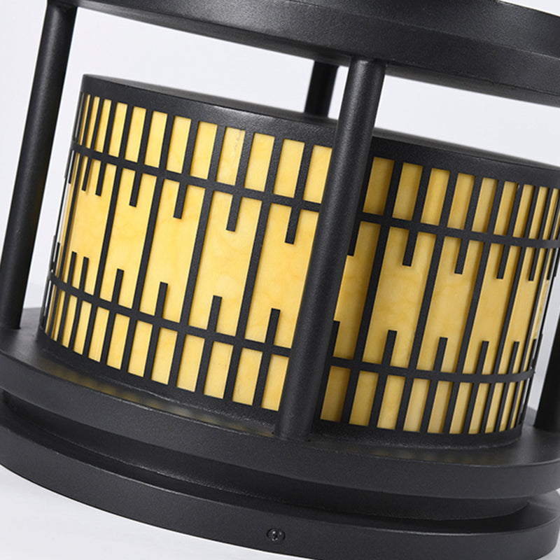 Modern Metal Solar Pillar Lamp Round Shape Outdoor Waterproof Light in Black