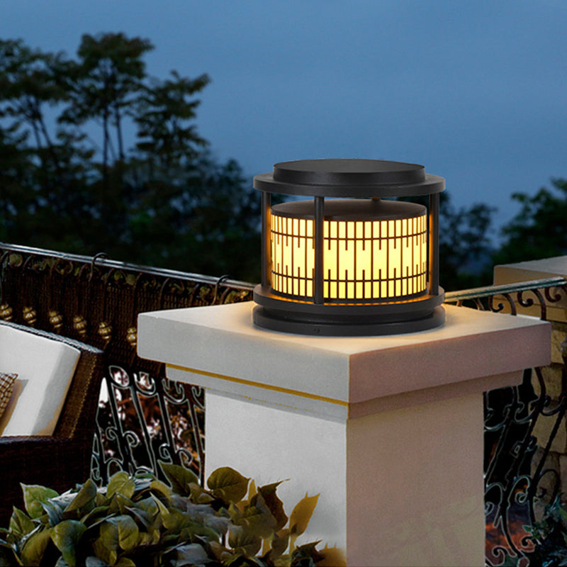 Modern Metal Solar Pillar Lamp Round Shape Outdoor Waterproof Light in Black
