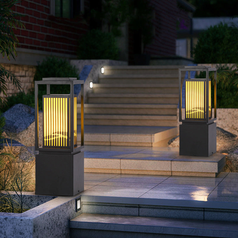 Modern Metal Solar Pillar Lamp Rectangle Shape Outdoor Waterproof Light in Black