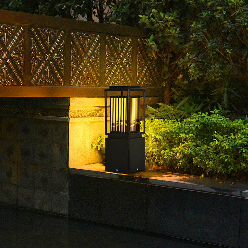 Modern Metal Solar Pillar Lamp Rectangle Shape Outdoor Waterproof Light in Black