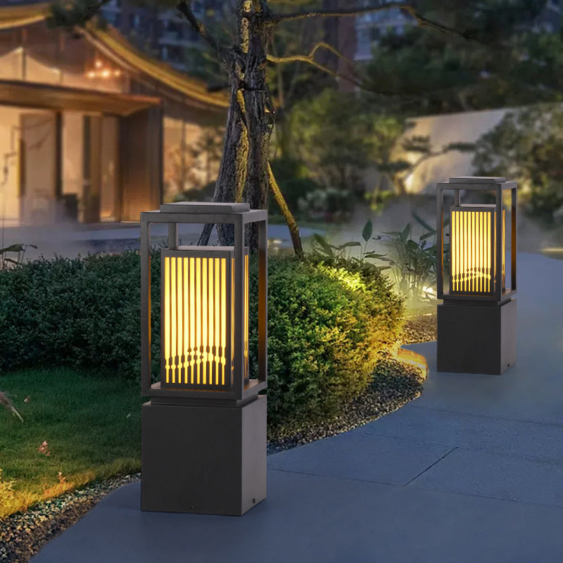 Modern Metal Solar Pillar Lamp Rectangle Shape Outdoor Waterproof Light in Black