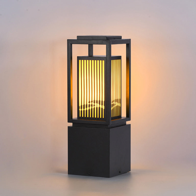 Modern Metal Solar Pillar Lamp Rectangle Shape Outdoor Waterproof Light in Black