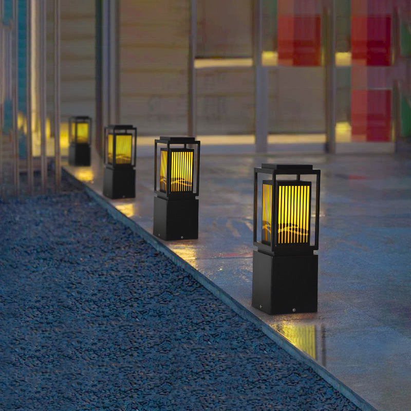 Modern Metal Solar Pillar Lamp Rectangle Shape Outdoor Waterproof Light in Black