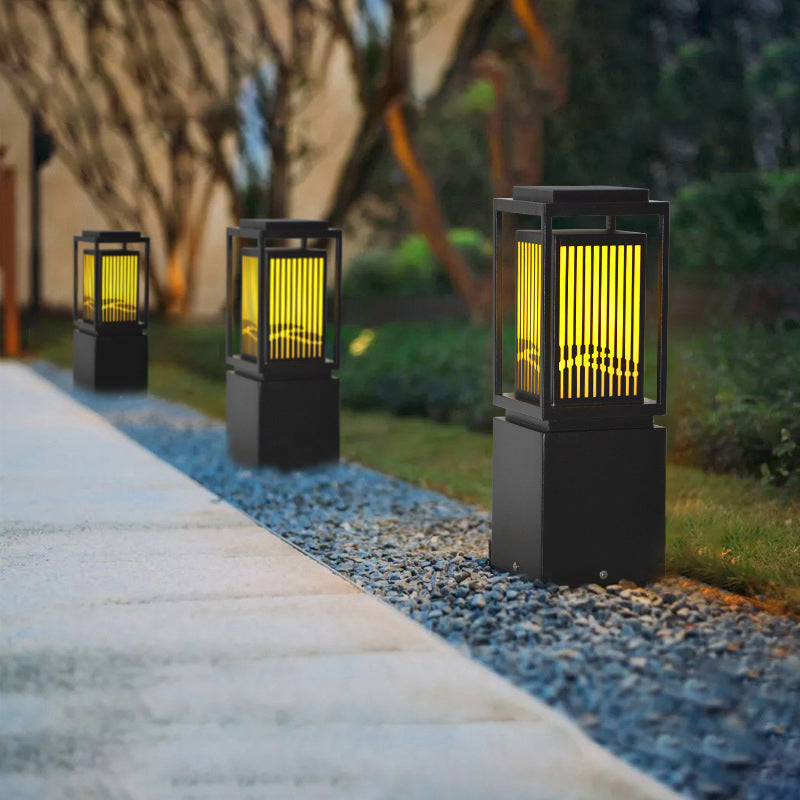 Modern Metal Solar Pillar Lamp Rectangle Shape Outdoor Waterproof Light in Black