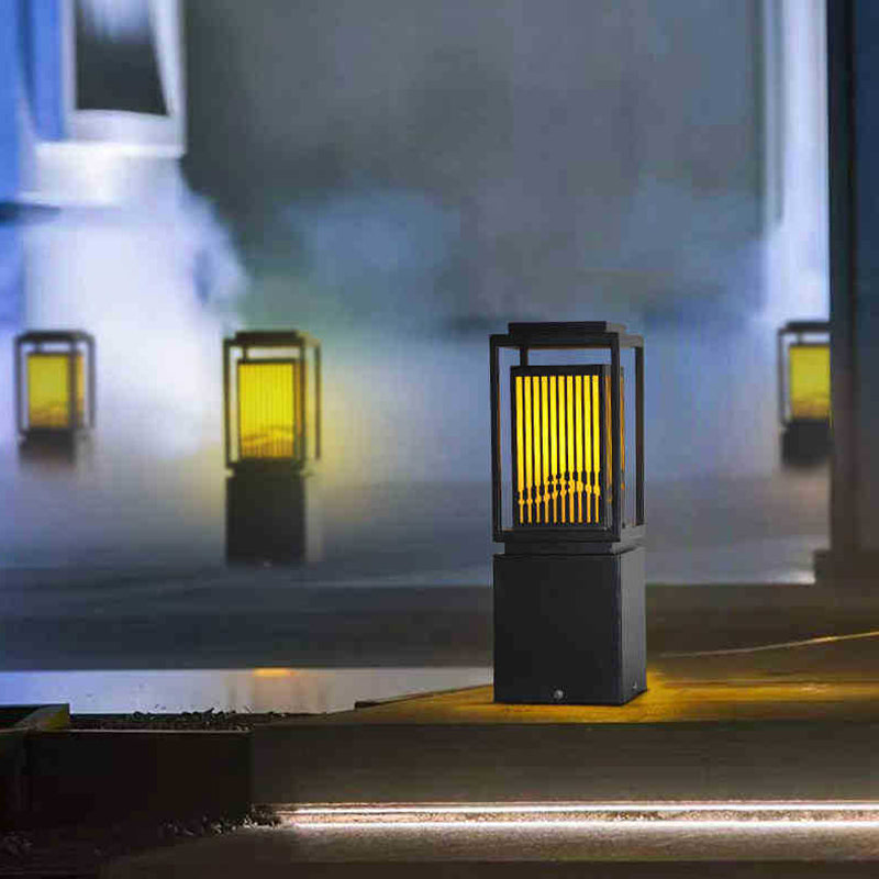 Modern Metal Solar Pillar Lamp Rectangle Shape Outdoor Waterproof Light in Black